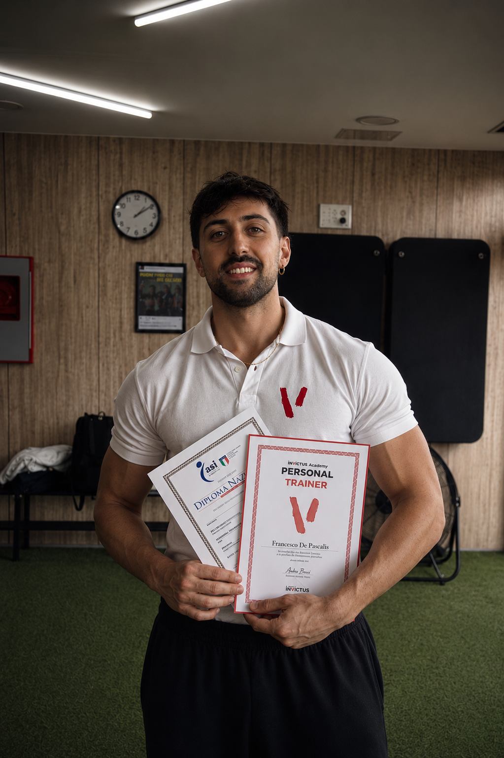 Francesco De Pascalis con i diplomi di personal trainer ASI e Project Invictus