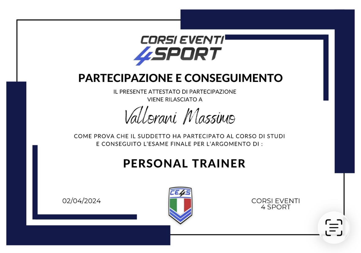 Certificato Personal Trainer Corsi Eventi 4 Sport