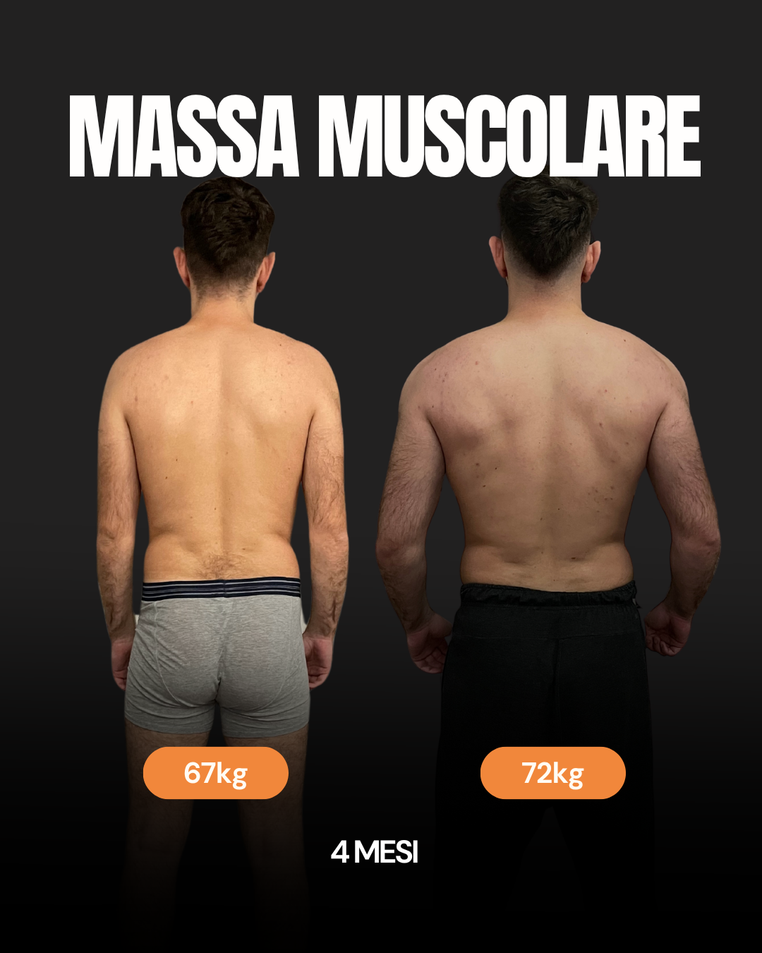 Aumento di massa muscolare, vista posteriore: prima e dopo 4 mesi